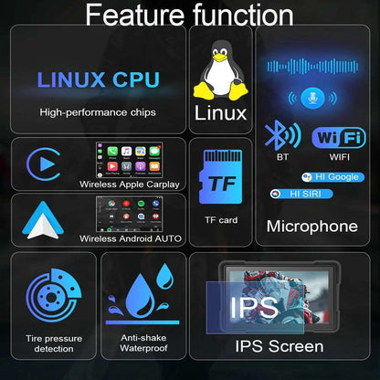 Motorcycle Camera Recorder - 5 inch Waterproof Motorcycle Wireless Carplay Android Auto- 1080P Full HD Recording Camera - Portable IPS Touch Screen-64GB Card G-Sensor Loop Recording.