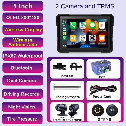 Motorcycle Camera Recorder - 5 inch Waterproof Motorcycle Wireless Carplay Android Auto- 1080P Full HD Recording Camera - Portable IPS Touch Screen-64GB Card G-Sensor Loop Recording.