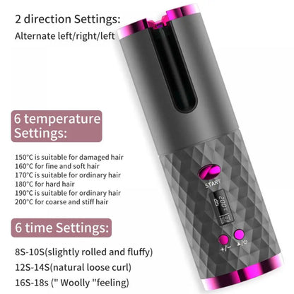 Automatic Hair Curler - Cordless Curling Iron with LCD Display & Adjustable Temperature Setting, USB Rechargeable Professional Hair Curler for Long & Short Hair Styling.