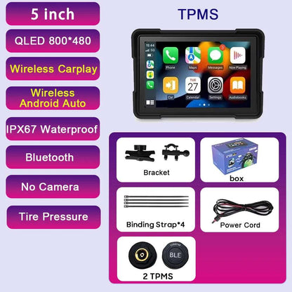 Motorcycle Camera Recorder - 5 inch Waterproof Motorcycle Wireless Carplay Android Auto- 1080P Full HD Recording Camera - Portable IPS Touch Screen-64GB Card G-Sensor Loop Recording.