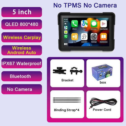 Motorcycle Camera Recorder - 5 inch Waterproof Motorcycle Wireless Carplay Android Auto- 1080P Full HD Recording Camera - Portable IPS Touch Screen-64GB Card G-Sensor Loop Recording.